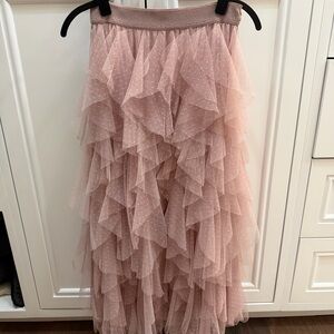 Anthropologie Evelyn Chéri Dusty Pink Polka Dot Layered Ruffle Tulle Midi Skirt